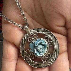 Vintage silver and blue rose necklace (sits on chest area)